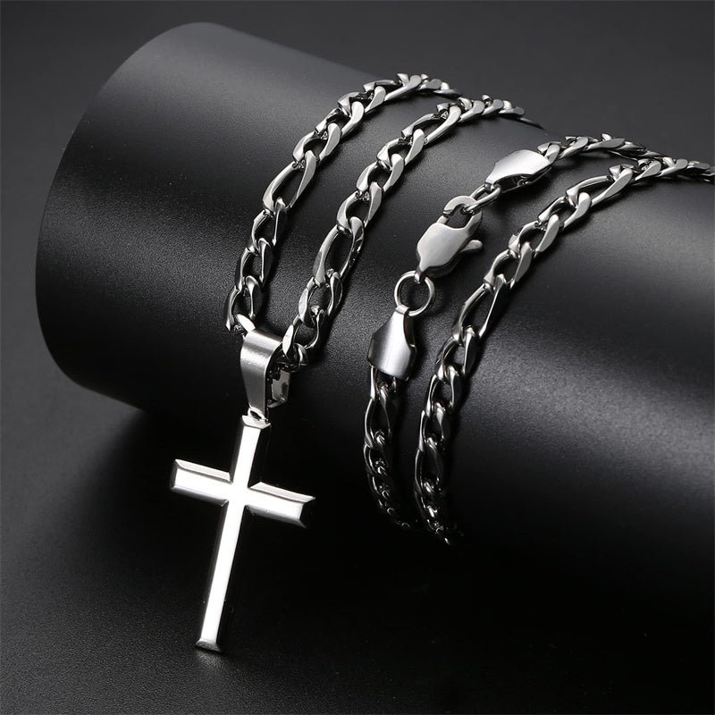 Sterling Silver Cross 5mm Stainless Steel Diamond-Cut Durable Figaro Chain Pendant Necklace