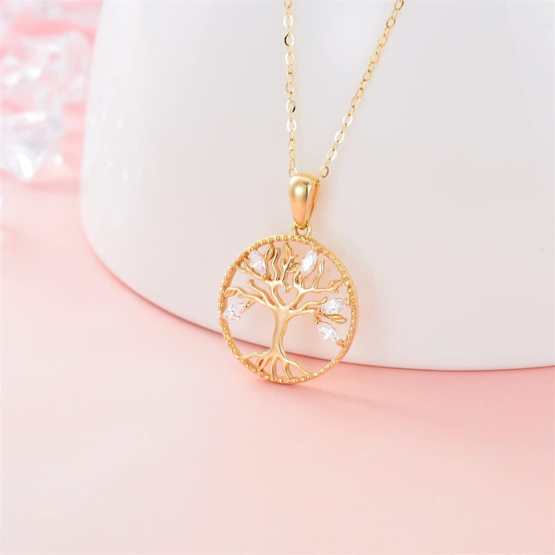 14k Gold 5A Cubic Zirconia Tree of Life & Family Pendant Necklace