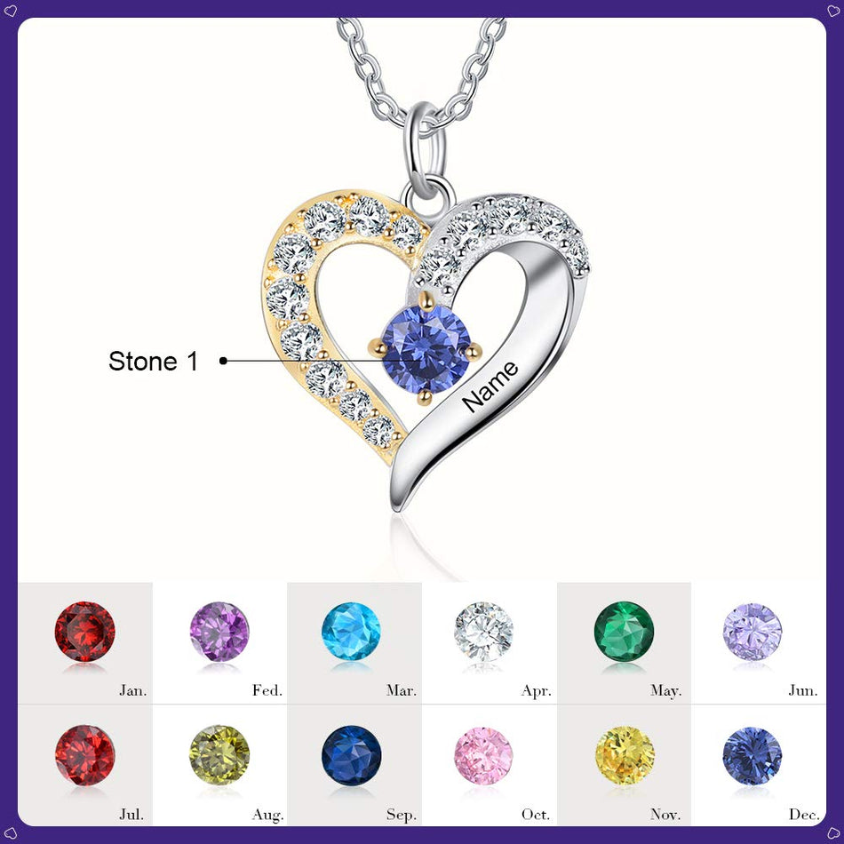 Sterling Silver Personalized Name Birthstones Heart Pendant Necklace
