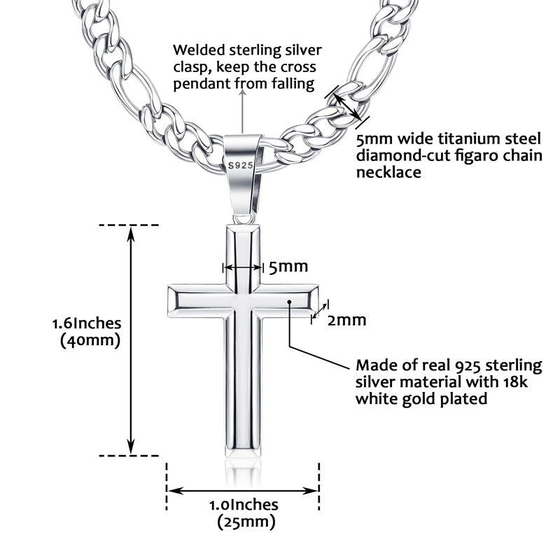 Sterling Silver Cross 5mm Stainless Steel Diamond-Cut Durable Figaro Chain Pendant Necklace