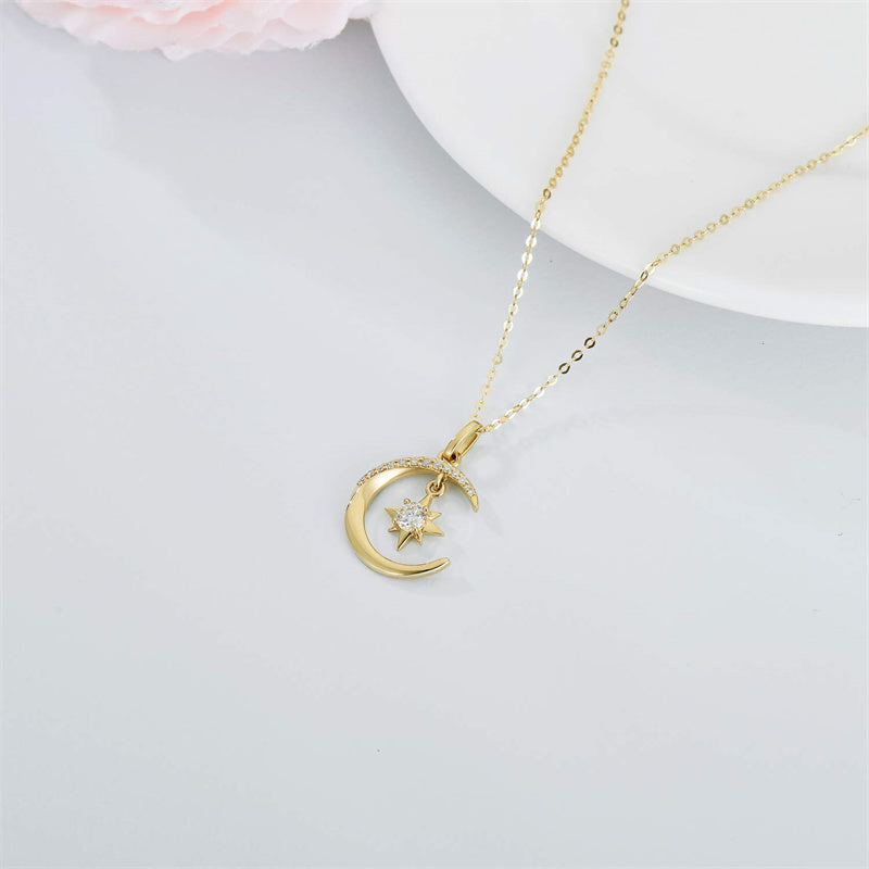 14k Gold Moon and North Star Pendant Necklace
