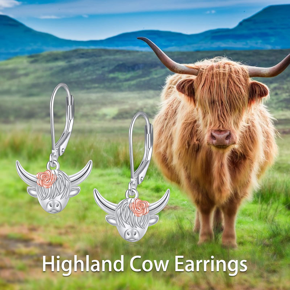 Sterling Silver Highland Cow Leverback  Earrings