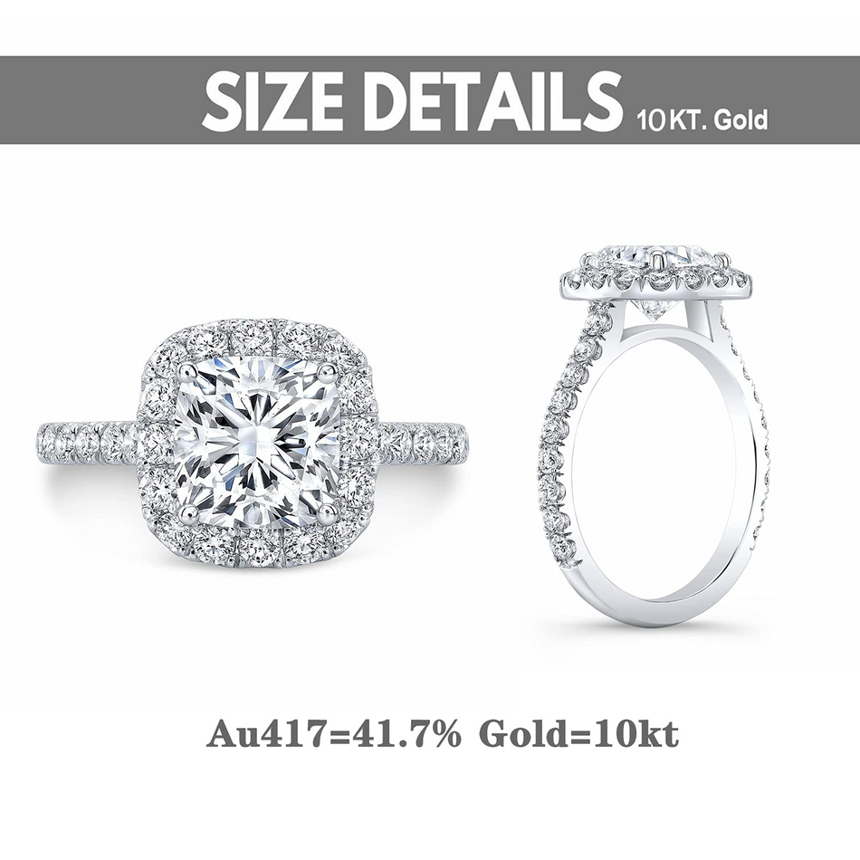 10K White Gold Moissanite Cushion Cut Halo Engagement Rings