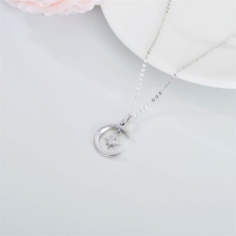 14k Gold Moon and North Star Pendant Necklace