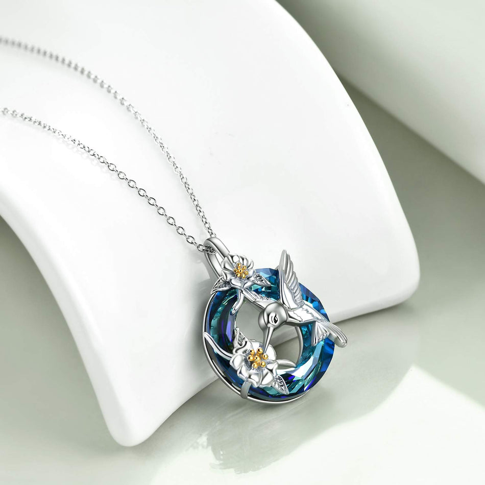 Sterling Silver Blue Crystal Hummingbird Pendant Necklace