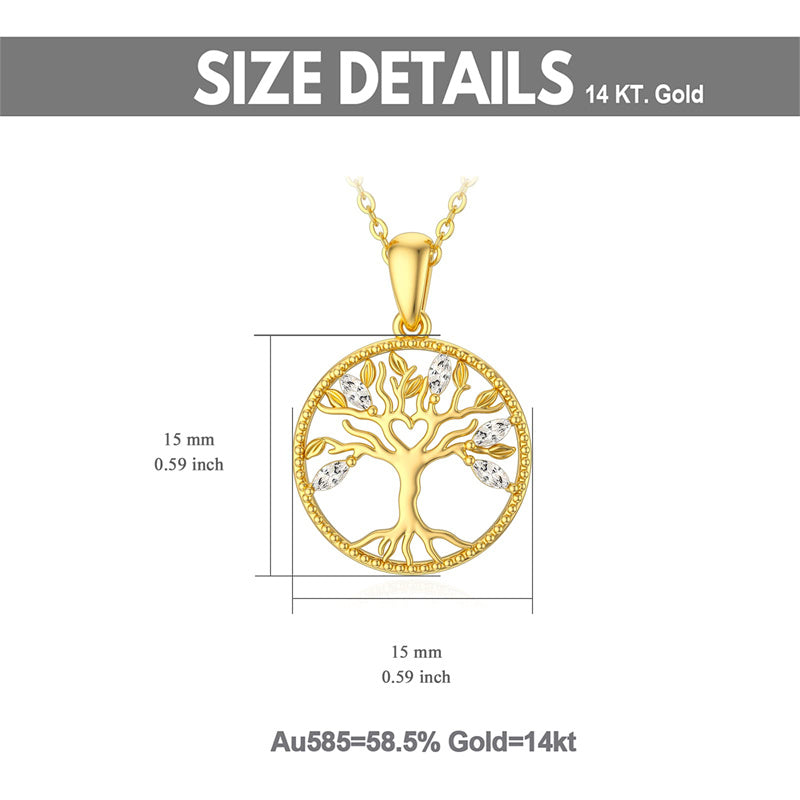 14k Gold 5A Cubic Zirconia Tree of Life & Family Pendant Necklace