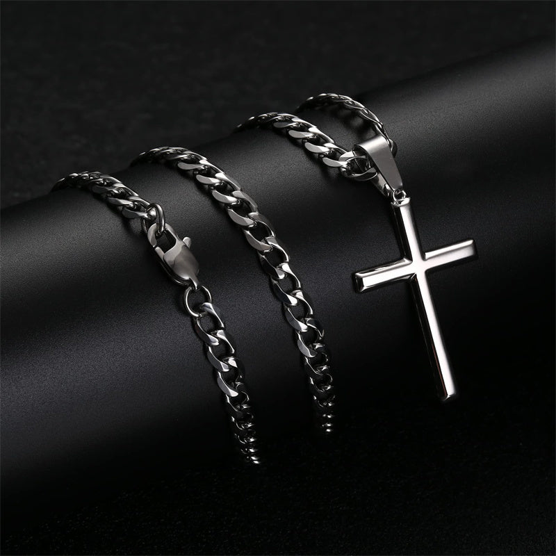 Sterling Silver Cross Pendent for Men With Stainless Steel Cuban Link Pendant Necklace