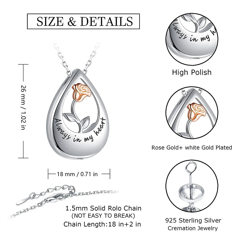 Sterling Silver 5A Cubic Zirconia Rose Infinity TearDangle Urn Necklace for Ashes