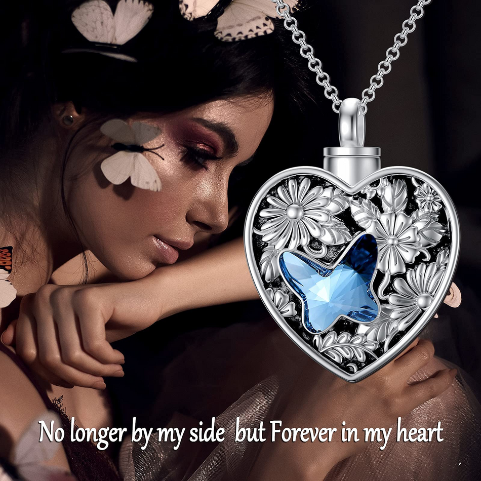 Sterling Silver Crystal Butterfly Urn Necklace for Ashes Engraved With Forever in My Heart