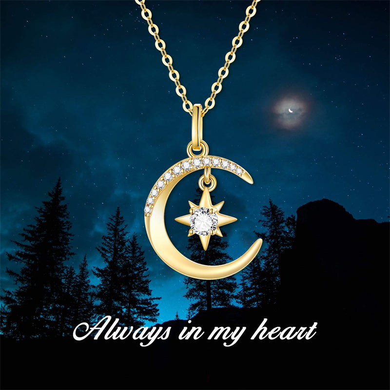 14k Gold Moon and North Star Pendant Necklace