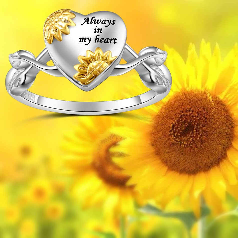 Sterling Silver Sunflower Urn Ring for Ashes Engraved With Always in My Heart