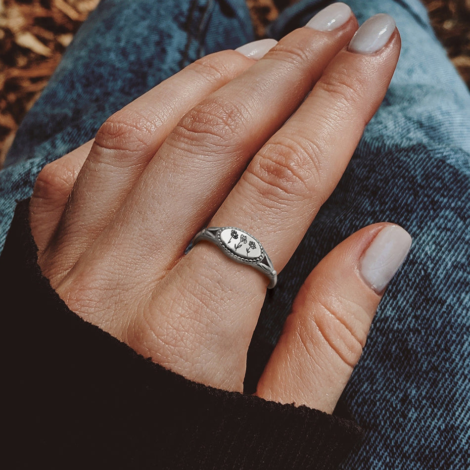 Sterling Silver Personalized Birth Flower Ring Wildflower Nature Ring