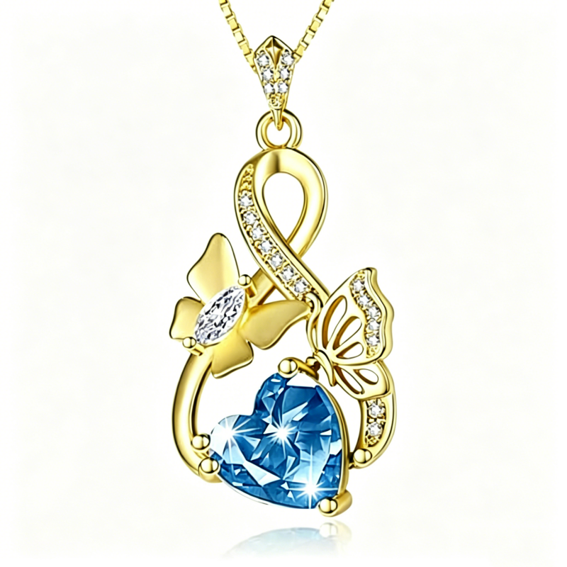 Heart Birthstone 14K  Gold Plated Butterfly Pendant Necklace for Women