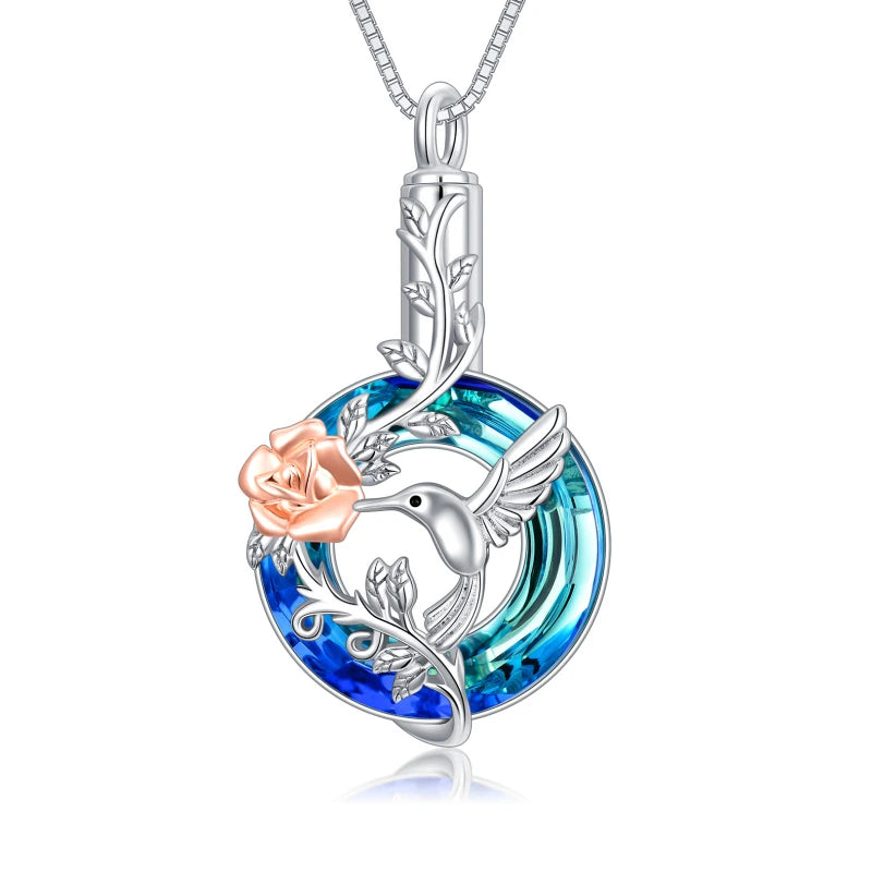 Sterling Silver Crystal Hummingbird Urn Necklace for Ashes