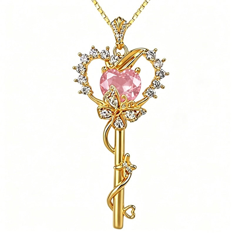 Birthstone Infinity Heart 14K Gold Plated Butterfly Key Pendant Necklace Gift for Her