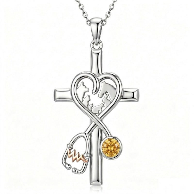 14K Gold Plated  Birthstone Stethoscope Cross Necklace Graduation Gifts for Women RN
