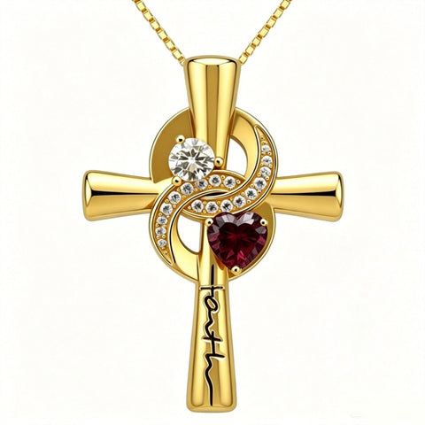 14K Gold Plated Dainty Heart Birthstone Pendant Cross Necklace for Women Religious Gift