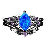 Sterling Silver Hexagon Gemstone Vintage Leaf Engagement Wedding Anniversary Ring Set