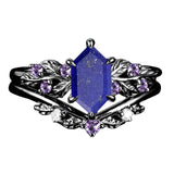 Sterling Silver Hexagon Gemstone Vintage Leaf Engagement Wedding Anniversary Ring Set