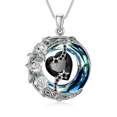 Sterling Silver Crystal Heart Birthstone Moon Star Pendant Necklace