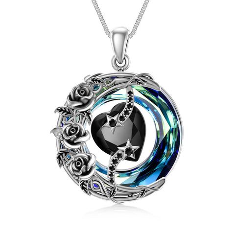 Sterling Silver Crystal Heart Birthstone Moon Star Pendant Necklace