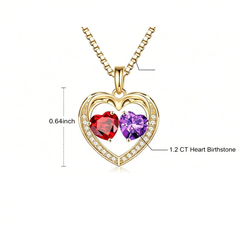 14K Gold Plated Double Heart Birthstone Necklace Anniversary Birthday Gifts for Women