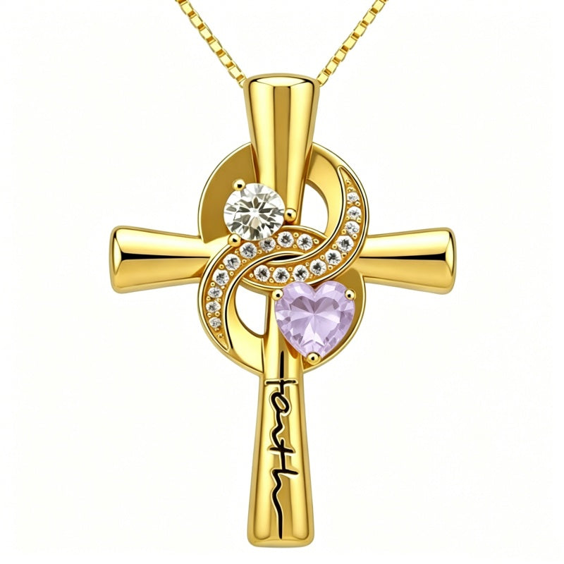 14K Gold Plated Dainty Heart Birthstone Pendant Cross Necklace for Women Religious Gift