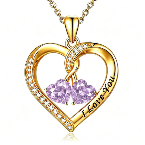 14K Gold Plated Double Heart Birthstone Rose Pendant Necklace for Women