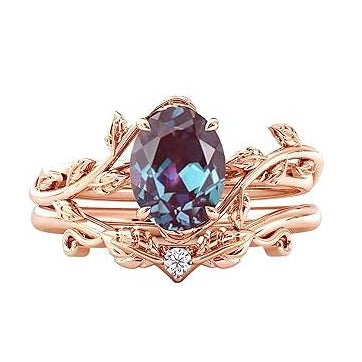 Sterling Silver 10K 14K Gold Leaf Oval Cut Vine Gemstone Set Engagement Wedding Ring