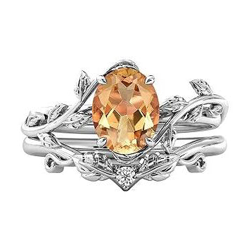 Sterling Silver 10K 14K Gold Leaf Oval Cut Vine Gemstone Set Engagement Wedding Ring