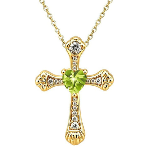 14K Gold Plated Heart Cut Cubic Zirconia Cross  Pendant Necklace For Women Religious Faith Jewelry