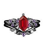 Sterling Silver Hexagon Gemstone Vintage Leaf Engagement Wedding Anniversary Ring Set