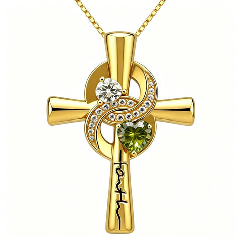 14K Gold Plated Dainty Heart Birthstone Pendant Cross Necklace for Women Religious Gift