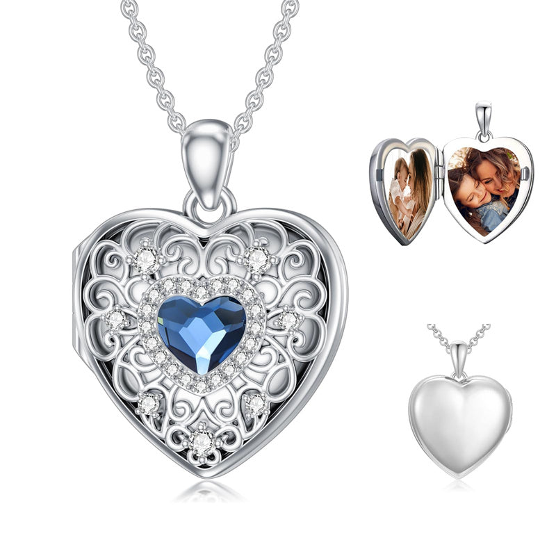 Sterling Silver Heart Crystal Personalized Picture Heart Locket Pendant Necklace