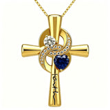 14K Gold Plated Dainty Heart Birthstone Pendant Cross Necklace for Women Religious Gift