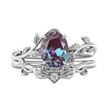 Sterling Silver 10K 14K Gold Leaf Oval Cut Vine Gemstone Set Engagement Wedding Ring