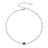 Figaro Anklets for Women, Sterling Silver Diamond Cut 3mm Link Chain Ankle Bracelet with Round Birthstone, Length 8.5"-10.5"