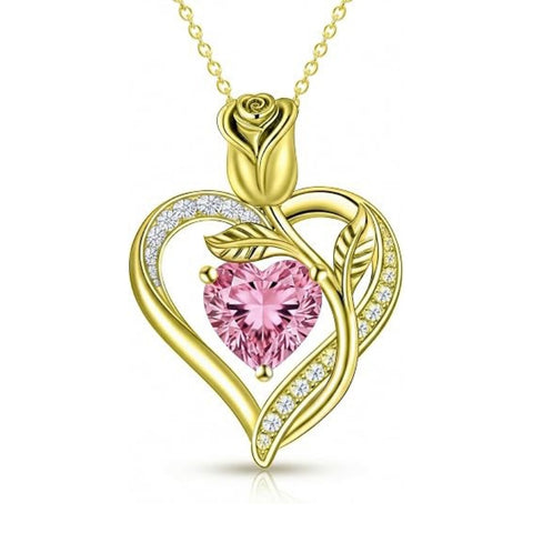 14K Gold Plated 12 Months Birthstone Rose Flower Pendant Necklace Anniversary Birthday Gift
