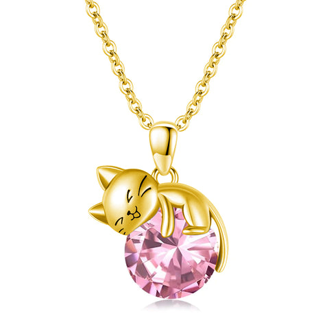 14K Gold Birthstone Cat Pendant Necklace