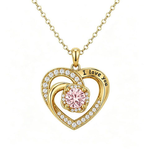 14K Gold Plated  Birthstone Heart Pendant  Necklace for Women Engraved with  I Love You