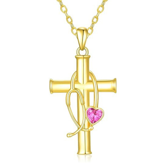 Stethoscope Cross 14K Gold Plated Pendant Necklace for Women Nurse Doctor Birthday Graduation Gift for Medical Student