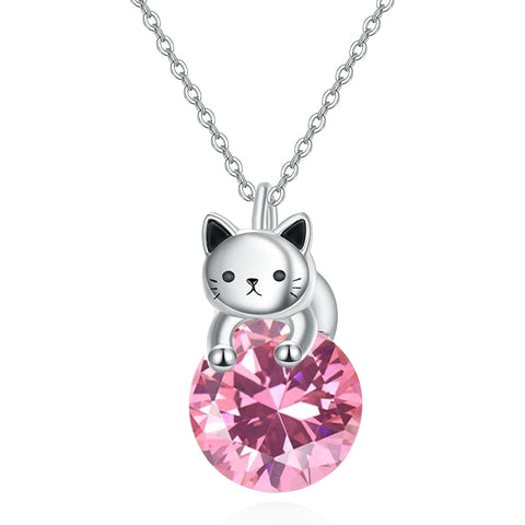 Sterling Silver Birthstone Cat Pendant Necklace