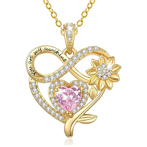 10K 14K 18K Yellow Gold  Birthstone Sunflower Pendant Necklace Engraved with You Are My Sunshine