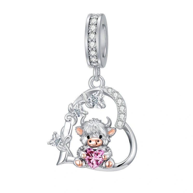 Sterling Silver 12 Month Birthstone Highland Cow Charm Beads