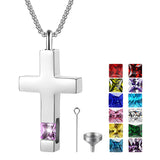 Stainless Steel Birthstones Cross Urn Necklaces for Ashes