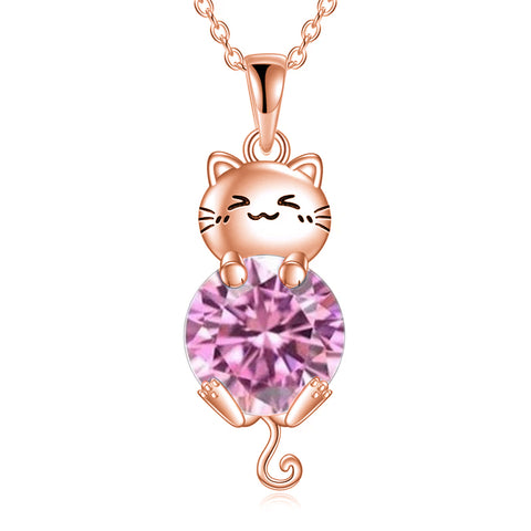 Silver Cat 12 Month Birthstone Pendant Necklace