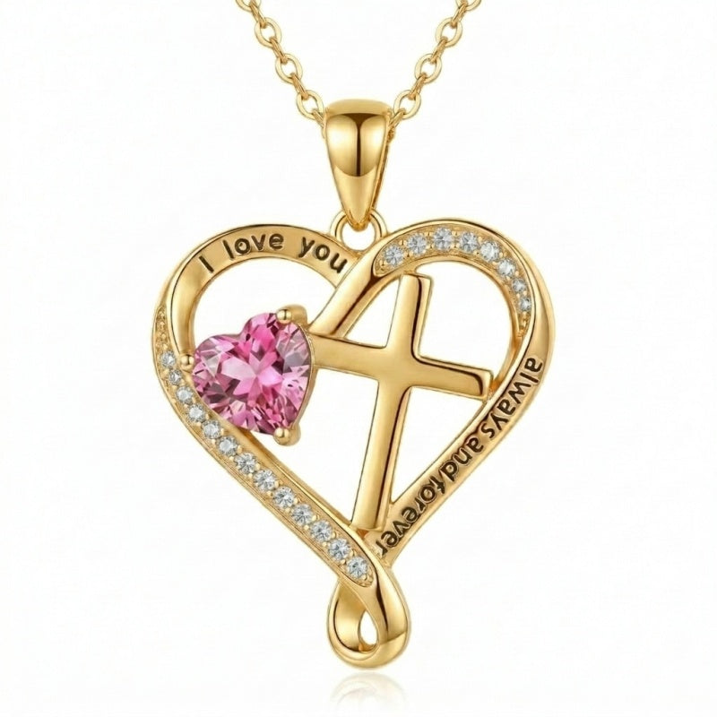 14K Gold Plated Heart  Birthstone Cross Necklace Engraved with I Love You Always and Forever