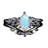 Sterling Silver Hexagon Gemstone Vintage Leaf Engagement Wedding Anniversary Ring Set