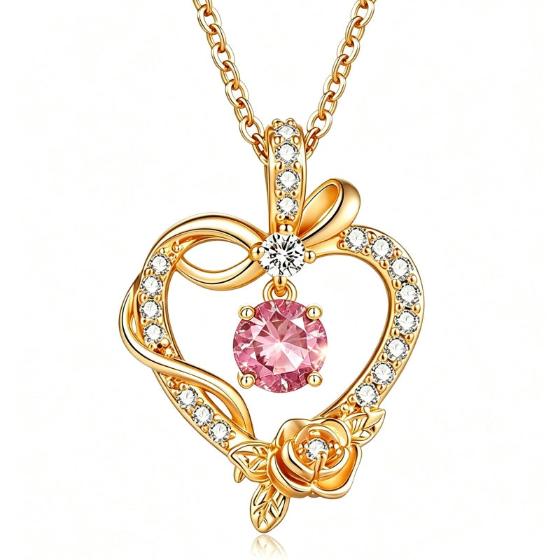 14K Gold Plated Round Birthstone Rose Flower Pendant Necklace for Women