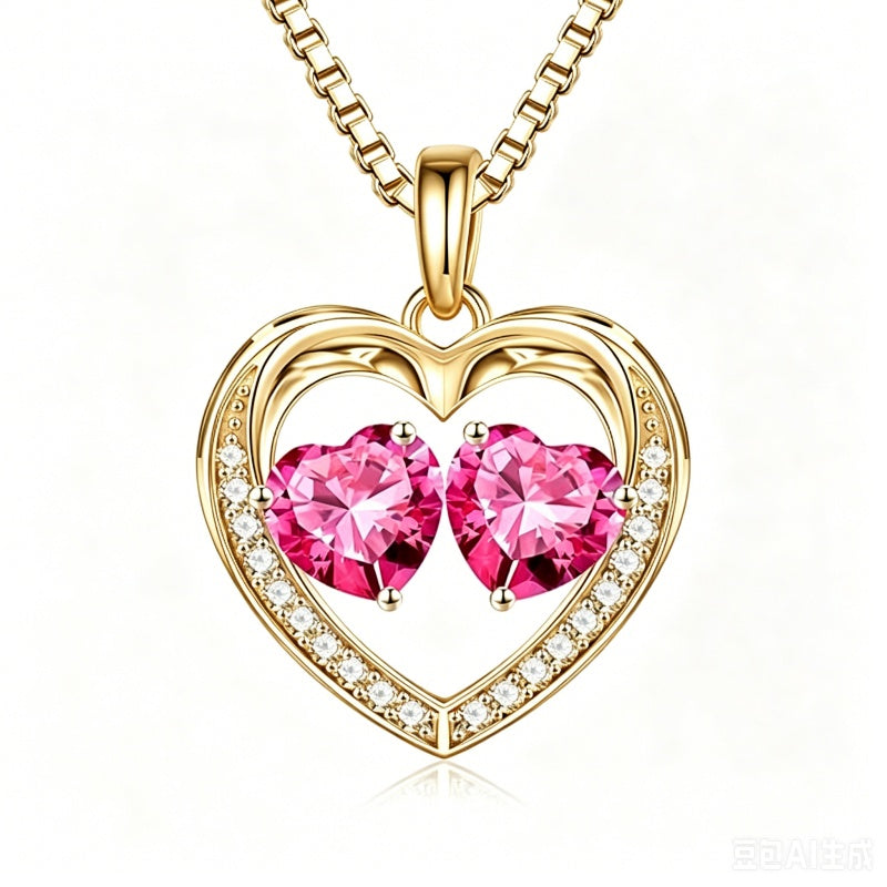 14K Gold Plated Double Heart Birthstone Necklace Anniversary Birthday Gifts for Women